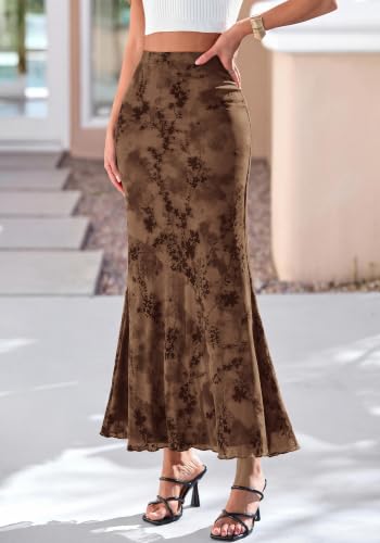 BTFBM Womens Floral Mesh Maxi Skirts - color: Brown, size: XX-Large