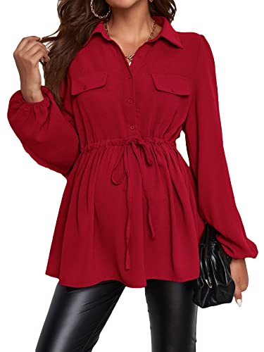 MakeMeChic Women's Maternity Blouse Long Sleeve Belted Button Down Tops - color: Burgundy, size: X-Large