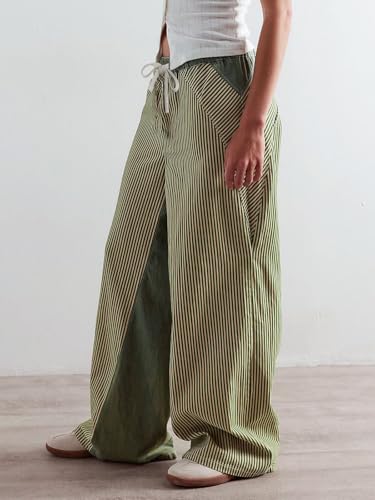PEIHOT Low Rise Striped Pants for Women Pull On Drawstring Boho Wide Leg Jeans Trendy Green and White