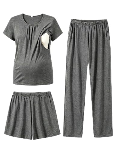 SWOMOG Women 3Pcs Maternity Pajama Set Nursing Pjs Pregnancy Set Breastfeeding Pjs Double Layer with Pockets - color: Deep Grey, size: Small
