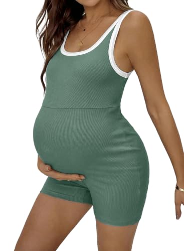 BLENCOT Maternity Stretchy Romper Summer Sleeveless Round Neck Jumpsuit - color: Light Green, size: Medium