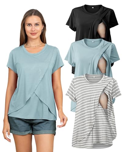 Rnxrbb 3 Pack Nursing Tops for Women Maternity Breastfeeding Shirts - color: Black&light Blue&gray Stripe, size: X-Large