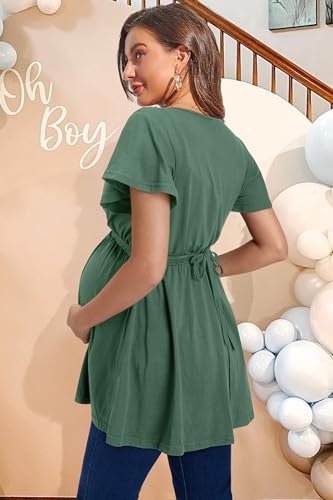 OUGES Women's Wrap Tie Back Short Sleeve Summer Maternity Nursing Tops 2026 - color: Olive Green, size: XX-Large