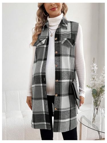MakeMeChic Women's Maternity Plaid Flannel Vest Collared Pregnancy Coat - color: Black and White, size: Large