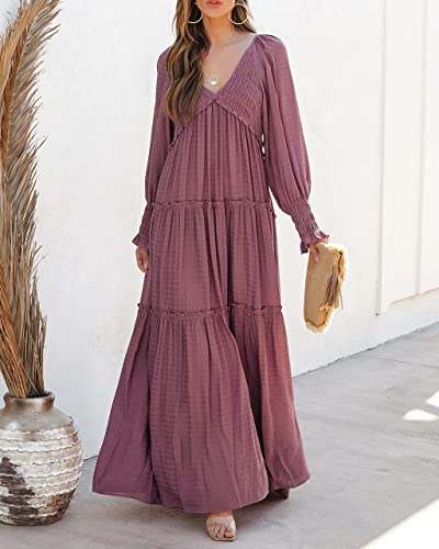 R.Vivimos Long Sleeve V Neck Flowy Maxi Dresses for Women - color: Darkrose, size: Large
