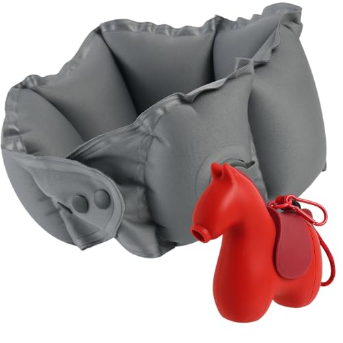 Inflatable Travel Neck Pillow Built-in Pump & Cute Storage Bag - color: Red