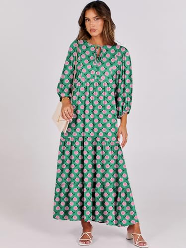 ANRABESS Womens Boho Floral 3/4 Puff Sleeve Maxi Dress - color: Green, size: Medium