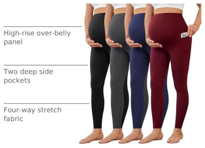 VALANDY Creamlush 2/4 Pack Maternity Leggings with Pockets Over the Belly - color: 4pack - Black/Dark Grey/Navy Blue/Wine Red, size: Large