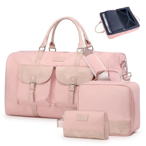 3 Piece Lay Flat Duffel Bag Set Wet Pocket Carry On Pink - color: Pink