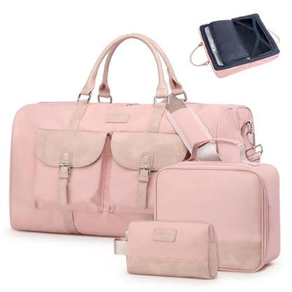 3 Piece Lay Flat Duffel Bag Set Wet Pocket Carry On Pink - color: Pink