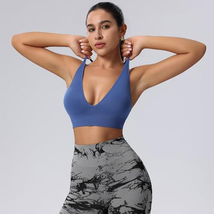 Women's V Neck Sports Bras, Adjustable Seamless Wireless Padded Bralettes - color: Black Pink Navy-blue 3 Pack, size: X-Large