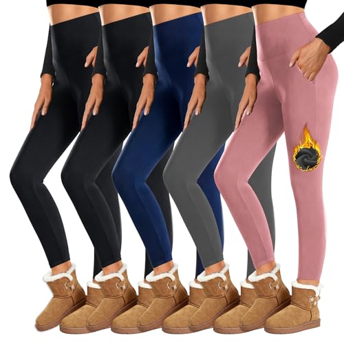 Dimore High Waisted Fleece Lined Leggings for Women with Pockets – Warm Winter Yoga Pants, Workout, Everyday Wear S-M/L-XL - color: 5 Packs -Black*2/Lilac Pink/Dark Gray/Navy Blue, size: Small-Medium