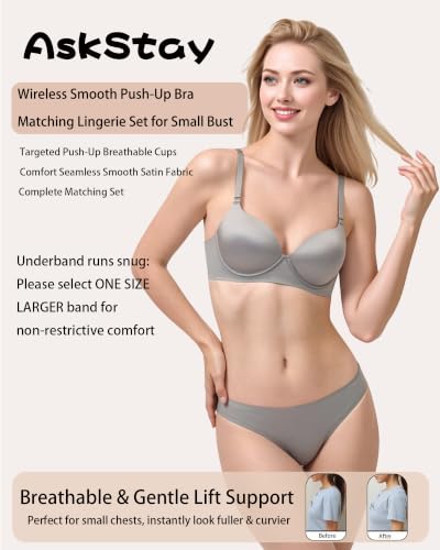 Satin Push Up Bra for Small Breasts & Matching Thong Set - color: Cool Gray, size: 32B