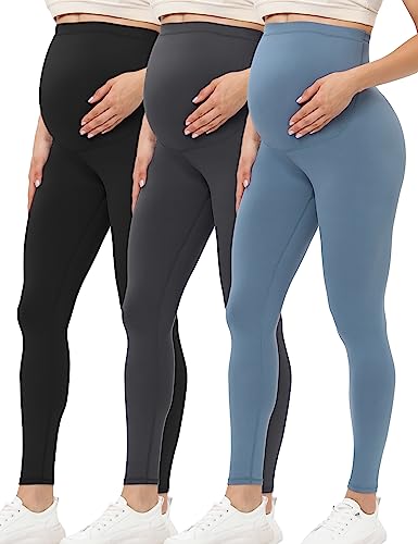 Buttergene 3 Pack Maternity Leggings with Elastic Band - color: 3pack Black/Dark Grey/Dusty Blue, size: X-Large