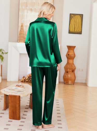 Ekouaer Womens Pajamas Silk Satin Long Sleeve Button Down Pjs Lounge Set - color: Green, size: Large