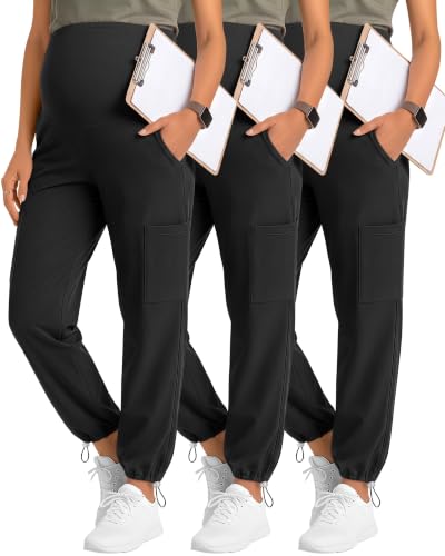 Locoowai 3 Pack Women's Maternity Jogger Scrub Pants with Pocket - color: Black, Black, Black, size: Medium