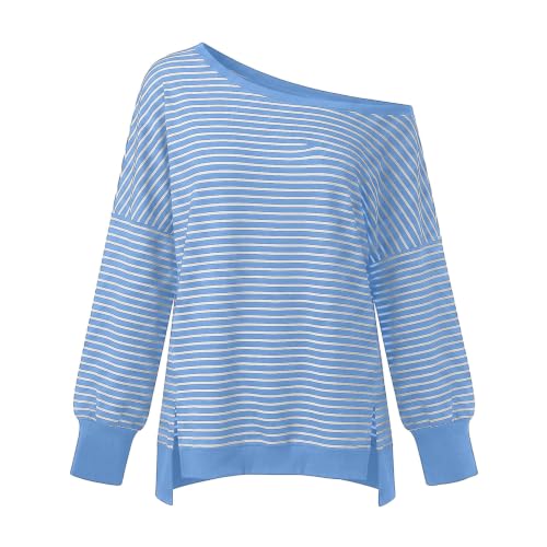 Fall Tops for Women 2026 off Shoulder Striped Top Long Sleeve Pullover Tops - color: Blue, size: X-Large