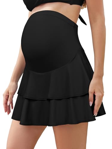 SHEKINI Women's Ruffle High Waist Maternity Swim Skirt - color: Black, size: X-Large