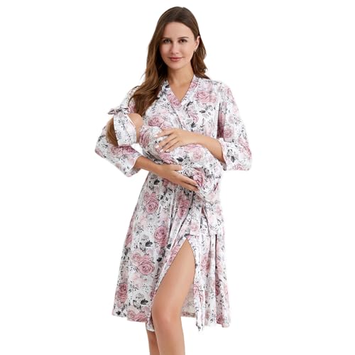 Galabloomer Maternity Robe and Receiving Blanket, Matching Mommy Labor Robe - color: Black Pink Rose, size: Medium