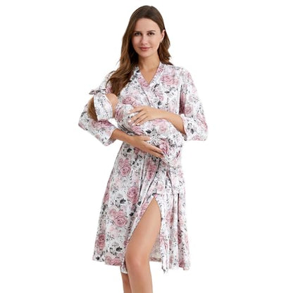 Galabloomer Maternity Robe and Receiving Blanket, Matching Mommy Labor Robe - color: Black Pink Rose, size: Medium