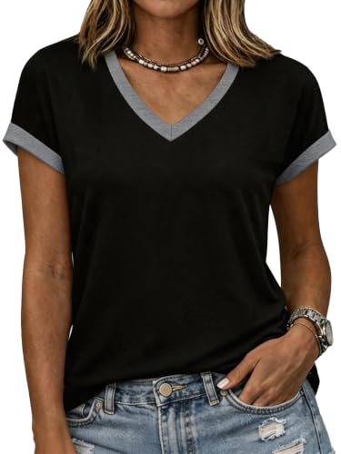 Flamingals Womens Short Sleeve V Neck Summer Tops - color: Black, size: X-Small