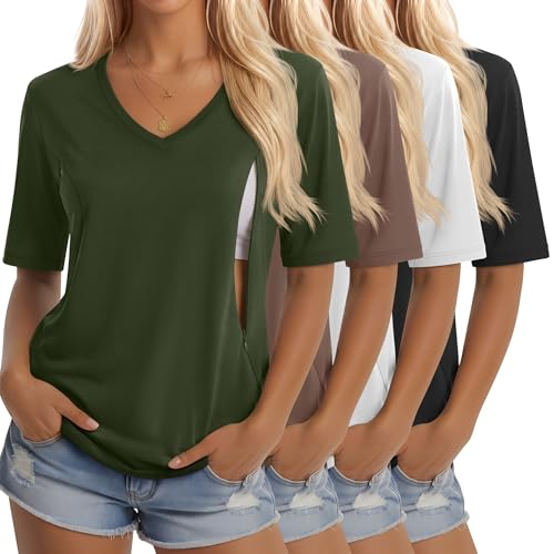 4 Pack Women Nursing Shirts Breastfeeding Tops - color: Army Green, Coffee, White, Black, size: X-Large