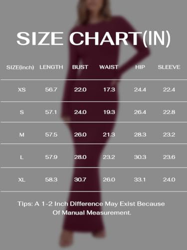 REORIA Women's Long Sleeve Ribbed Bodycon Maxi Dresses - color: Burgundy, size: X-Small