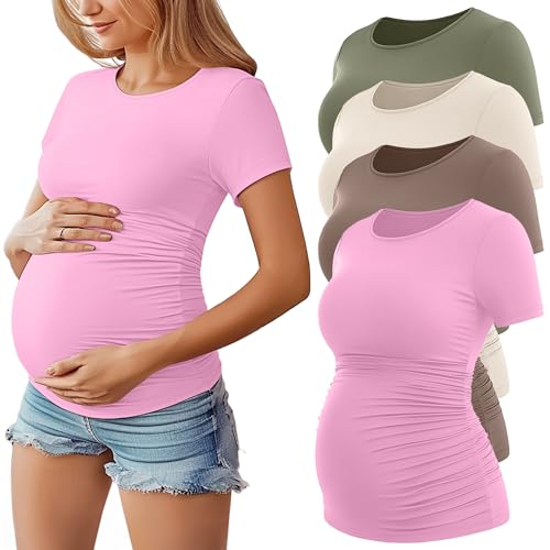 Huukeay 4 Pack Women's Short Sleeve Maternity Tops - color: Peach Pink, Light Coffee, Cream, Army Green, size: Small