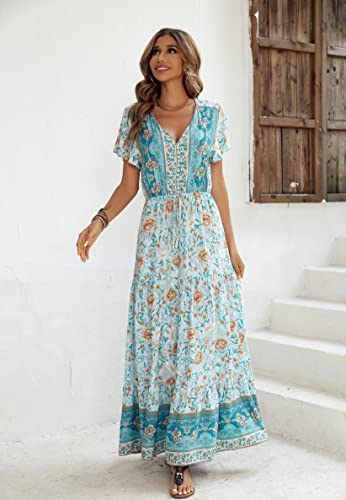 R.Vivimos Womens Summer Boho Floral Print V Neck Flowy Dress - color: Lightgreen, size: Large