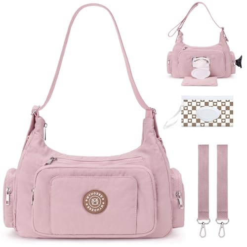 MYHOZEE Puffer Crossbody Diaper Bag for Mom - Lightweight Nylon Mom Bag Baby Purse with Wipes & Trash Bag Dispenser - color: Pink