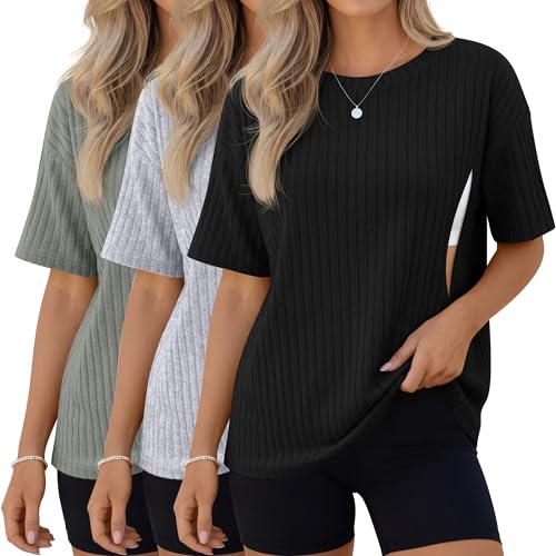 Ficerd 3 Pack Women Oversized Nursing Shirts - color: Black, Light Gray, Army Green, size: Small