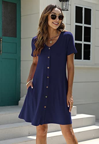 Manydress Women's Button Down Summer Dress Short Sleeve with Pockets - color: Dark Blue, size: Medium