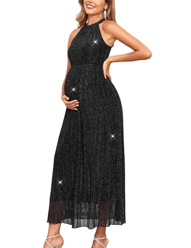 AISWI Maternity Sparkly Mesh Dress Halter Neck Sleeveless A Line Pregnancy Dresses Semi Formal Baby Shower Photoshoot - color: Black, size: XX-Large