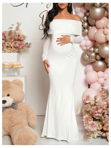 MakeMeChic Women's Maternity Dresses Off The Shoulder Ruched Long Sleeve Pregnancy Maxi Dresses