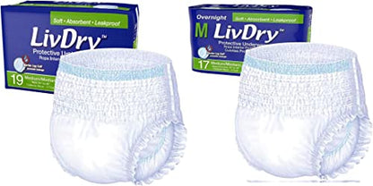 LivDry Adult Incontinence Underwear, Extra Absorbency with Overnight Comfort Bundle - Medium, Bag