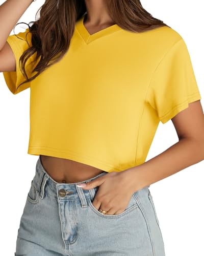 Womens Crop Tops Short Sleeve V Neck Summer Cropped T Shirts Baisc Tees - color: Solid Yellow, size: Medium