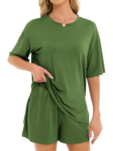 Women's 2 Piece Short Sets Loose Lounge Sets Summer Matching Sets - color: Green, size: Large