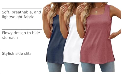 3 Pack Women Plus Size Tank Tops Basic Square Neck Sleeveless Tees - color: White Rose Navy, size: Medium