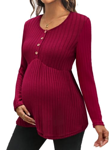 Genhoo Womens Maternity Tops Long Sleeve Maternity Shirts Henley Clothes - color: Wine Red, size: Large