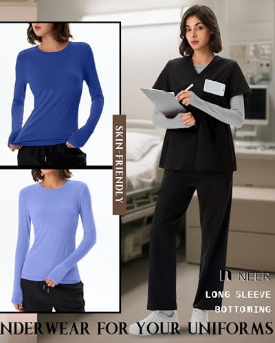 Neer 3 Pack Womens Long Sleeve Underscrub Shirts - color: Royal Blue, Periwinkle, Light Mixed Gray, size: Large