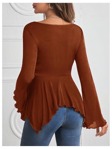 BEAUDRM Women's Maternity Shirts Bell Long Sleeve Pregnancy Tops Ruched V Neck Asymmetrical T-Shirt - color: Rust Brown, size: Medium