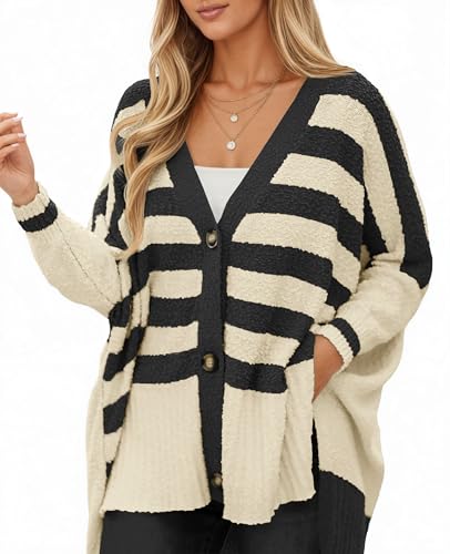 Saodimallsu Womens Oversized Striped Cardigan Fuzzy Knit Fall Sweaters - color: Beige, size: X-Large