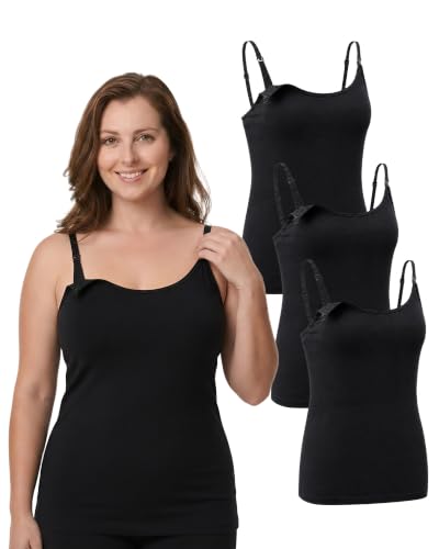 Under Control 3-Pack 76% Premium Modal Nursing Cami Tank Tops with Built-in Bra, Breastfeeding Maternity Camisole Tops - color: Black/Black/Black, size: Small