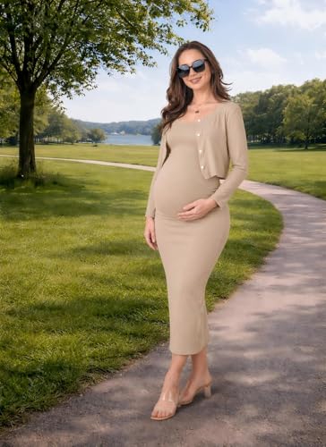 Rnxrbb 2 PCS Maternity Dress Cardigan Set Bodycon Dresses for Women Long - color: Light Coffee, size: Medium