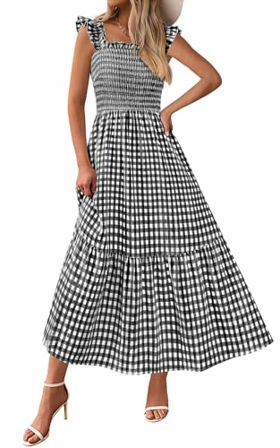 PRETTYGARDEN Women's Summer Dress Casual Ruffle Strap Gingham Midi Sundress - color: Black White, size: Large