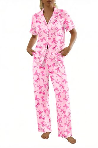 Ekouaer Womens Pajama Sets Short Sleeve Printed PJs Button Down Sleepwear - color: Bow Print, size: Large