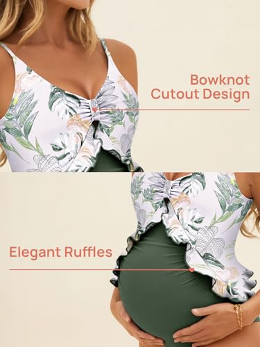 Summer Mae Maternity Swimsuit One Piece Ruffle Pregnancy Bathing Suit - color: Green Rainforest, size: Medium