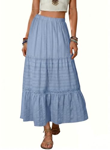 BLENCOT Women's Boho Tiered High Waisted Cotton Long Flowy Skirt - color: Blue, size: Large
