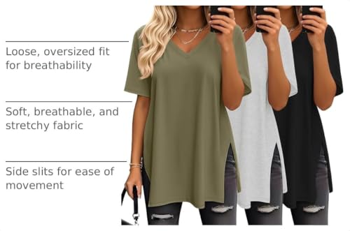 Huukeay 3 Pack Oversized Shirts for Women V Neck - color: Black, Army Green, Light Grey, size: Medium