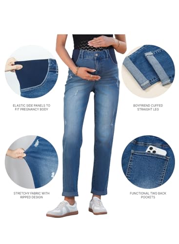 BLENCOT Maternity Jeans High Rise Stretchy Waistband Straight Leg - color: Dark Blue, size: Medium